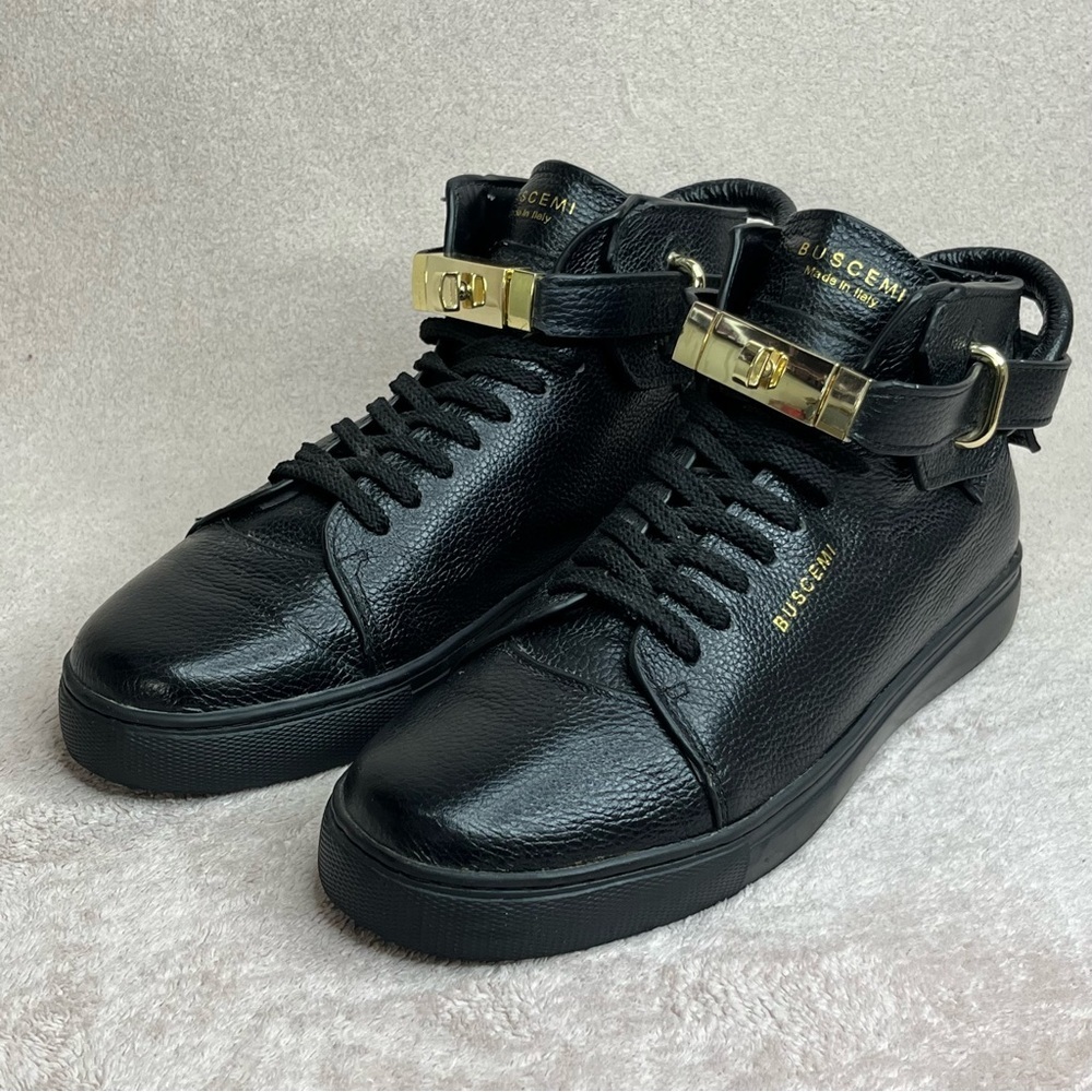 Buscemi 100MM Leather High Top Sneakers-Black & 24ct Gold Plate-Men 9-Streetwear